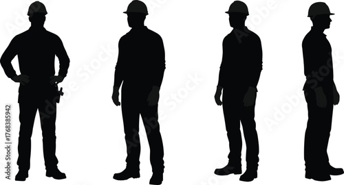 Construction worker silhouettes, hard hat, safety gear, industrial labor, job site, workwear, maintenance crew, engineering staff, occupational safety, teamwork