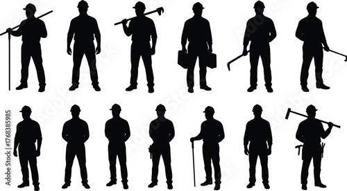 Construction worker silhouettes, hard hat, tools, labor crew, industrial job, toolbox, sledgehammer, crowbar, safety gear, worksite, engineering staff