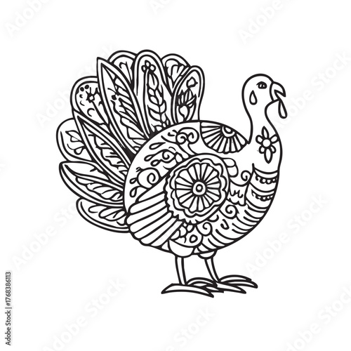 Intricate line drawing of a turkey covered in ornate, floral doodle patterns.