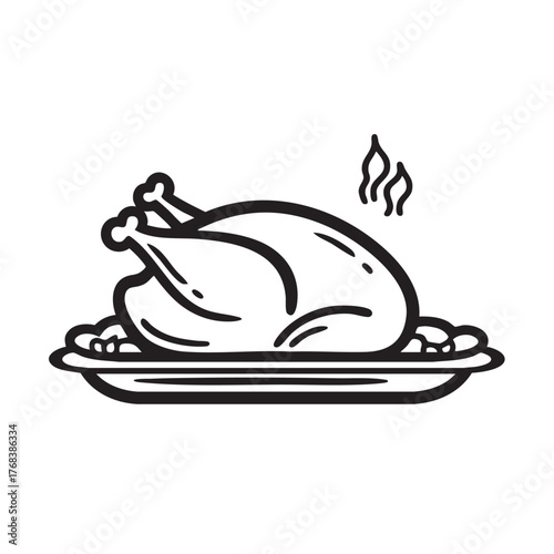 Simple line icon of a steaming roasted turkey on a serving platter.
