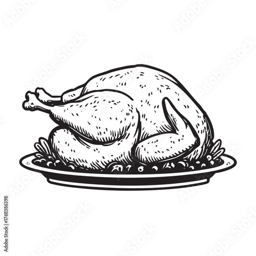 Monochrome sketch of a whole, roasted turkey on a garnished platter.