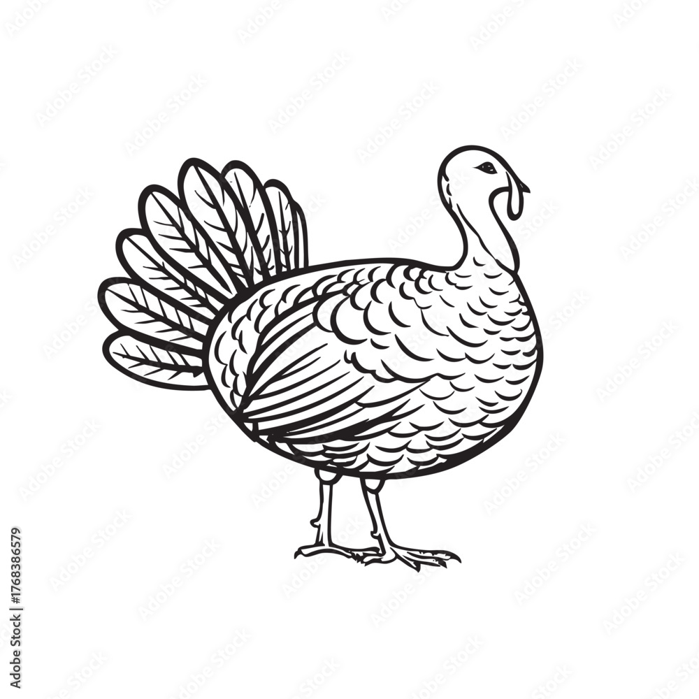 Fototapeta premium Sketch of a proud turkey with detailed feathers and a fanned tail.