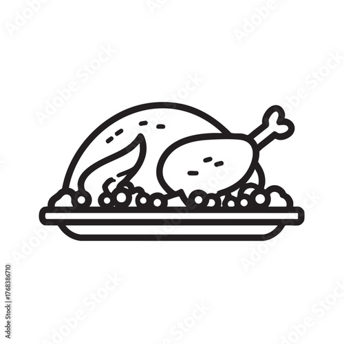 Simple line icon of a roasted turkey on a platter with food