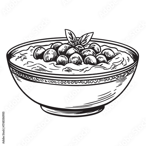 Monochrome drawing of a bowl of mashed food and berries.