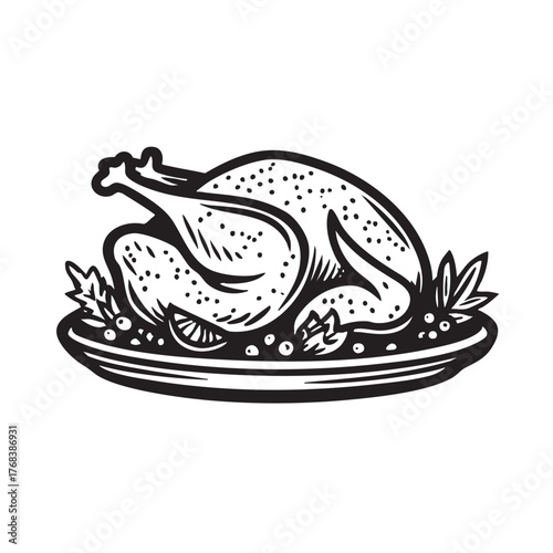 Monochrome illustration of a golden roasted turkey on a platter.
