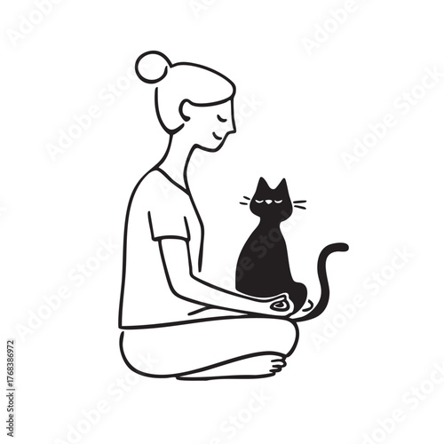 Monochrome line drawing of a person sitting with a black cat.