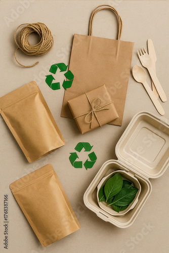 Eco-friendly recyclable paper packaging — sustainable zero-waste product containers on neutral background