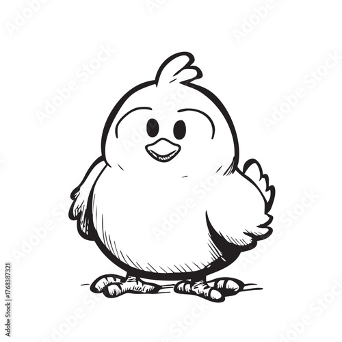 Black and white sketch of a happy, plump baby chick.