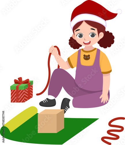 Little Girl Wrapping Christmas Presents Cartoon Vector