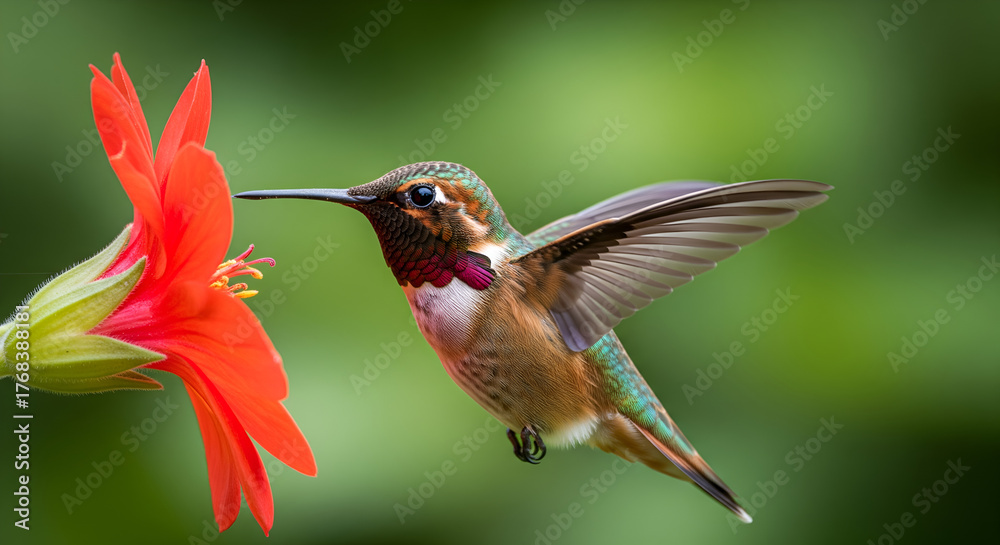 Naklejka premium Hummingbird Sipping Nectar from Red Flower