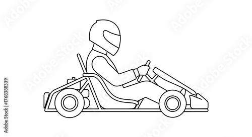 Minimalist Line Art Go Kart Driver Side View Vector Black & White