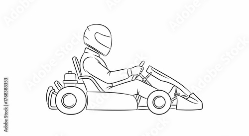 Minimalist Line Art Go Kart Driver Side View Vector Black & White