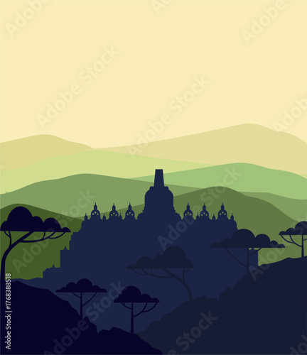 Borobudur landscape flat illustration