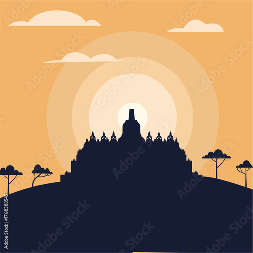 Borobudur landscape flat illustration