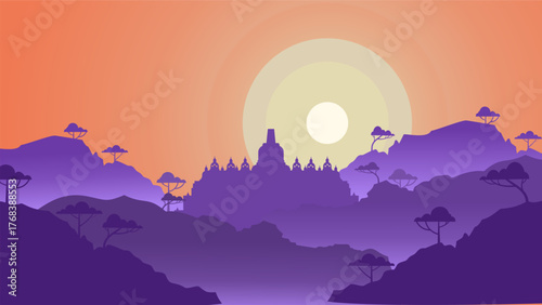 Borobudur landscape flat illustration