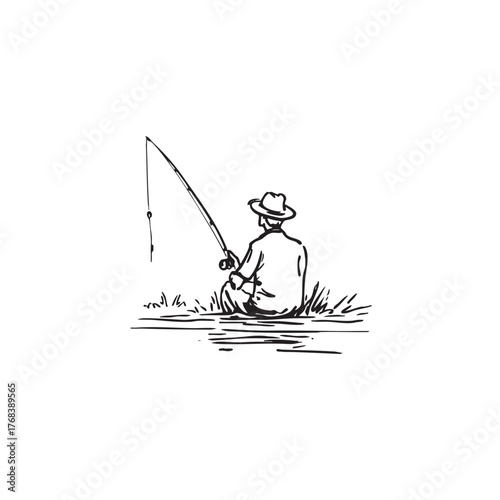 Monochrome sketch of a person fishing outdoors by the water.