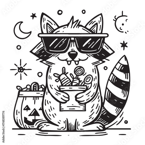 Monochrome sketch of a raccoon with candy and sunglasses.