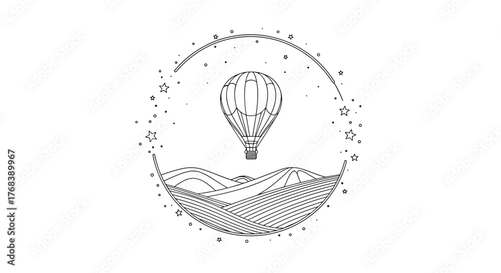 Fototapeta premium Whimsical hot air balloon floats above rolling hills under a starry, circular sky.