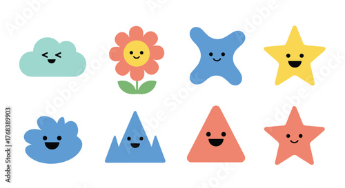 Collection of cute and colorful cartoon shapes with happy faces on a white background.