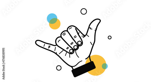 Line art illustration of a hand making the shaka sign with colorful circles and small dots.
