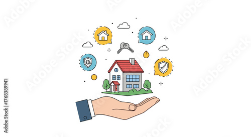 Hand holding a house with icons representing security, home ownership, and keys, symbolizing real estate services.