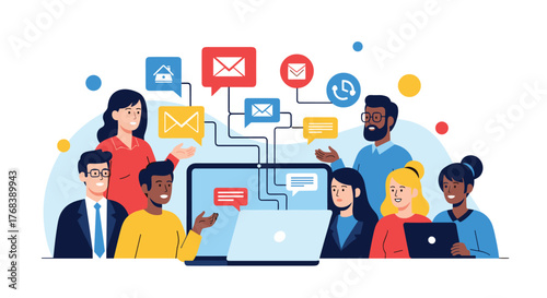 Diverse group of people communicating and collaborating around a laptop with email and communication icons.