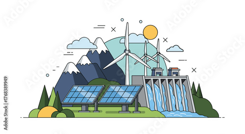 Illustration of renewable energy sources including solar panels, wind turbines, and a hydroelectric dam.