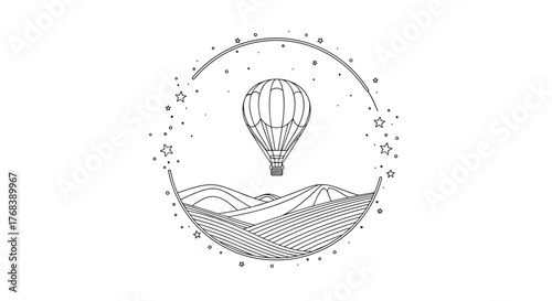 Whimsical hot air balloon floats above rolling hills under a starry, circular sky.