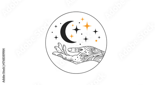 An illustrative circular design featuring a hand holding a crescent moon and stars with intricate patterns.