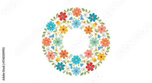 A circular floral wreath made of colorful daisy-like flowers and green leaves.