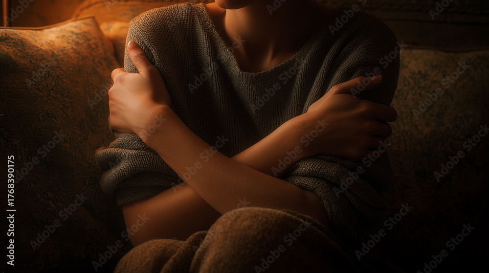Fototapeta premium A person is hugging themselves, experiencing loneliness and introspection. The scene is bathed in warm, subdued light, creating a sense of introspection