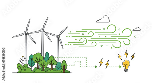 Illustration of wind turbines in a forest generating electricity, depicted as wind and light bulbs.