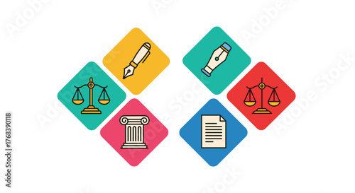 Law and justice icons arranged in a diamond pattern on a white background.