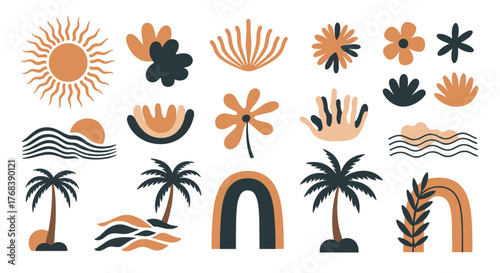 Collection of abstract tropical beach and nature elements with sun, palms, and rainbows.