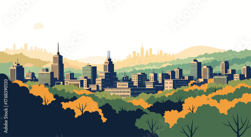 Flat design illustration of a city skyline nestled among rolling hills and trees.