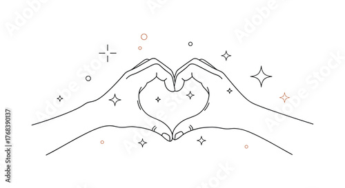 Two hands forming a heart shape with sparkling stars and circles around them.