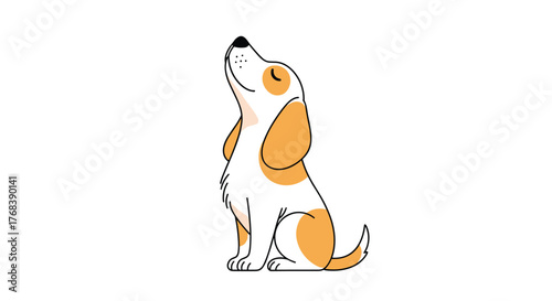 Cute cartoon dog sitting and looking up with closed eyes and a happy expression.