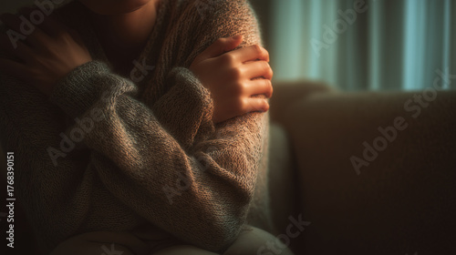 A person sitting on a sofa and hugging themselves with a sense of loneliness 