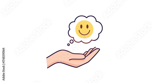 A hand holds a thought bubble with a smiley face inside, representing happiness and positive thinking.