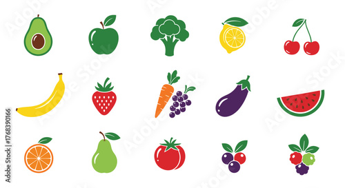 Collection of colorful, stylized fruits and vegetables on a white background.