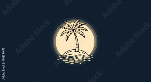 Minimalist illustration of a palm tree on a small island with waves and a circular background.