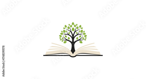 Stylized illustration of a tree growing from an open book, symbolizing knowledge and growth.