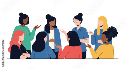 Diverse group of women in colorful clothing gathered in conversation.