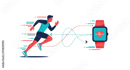 Fit man running with heart rate monitor smartwatch tracking his health and fitness data.