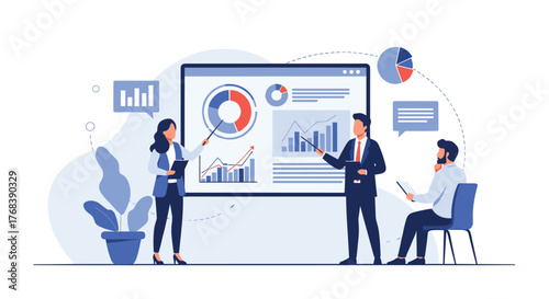 Business team presenting data charts and graphs on a large screen during a meeting.