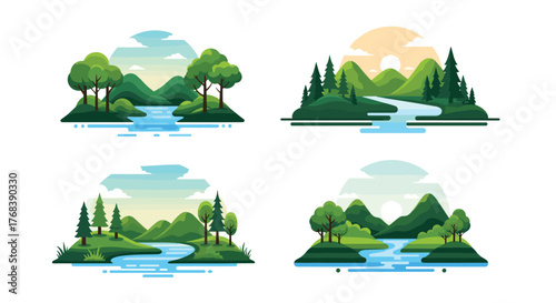 Four flat illustrations of idyllic natural landscapes with rivers and mountains.