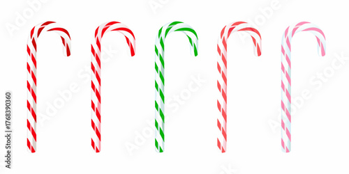 A collection of five colorful candy canes in red white green and pink stripes arranged in a row