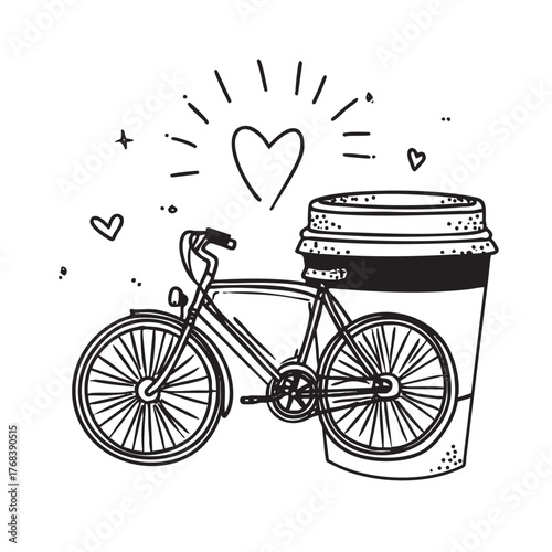 Sketch of a bicycle leaning on a large coffee cup with a heart.