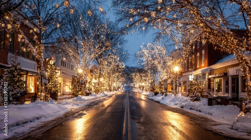 Soft glow of festive lights highlights a tranquil snowy street creating a magical winter scene.
