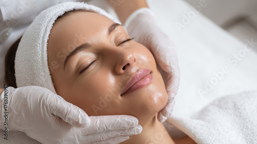 A woman enjoying a facial treatment at a spa, with a relaxed and refreshed look